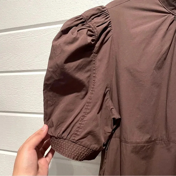 En Saison Maxi Balloon Sleeve Asymmetrical Boho Keyhole Poplin Dress in Brown L - Picture 11 of 13